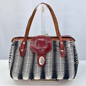VTG 60s Hong Kong Wicker Basket Purse Leather Trim Mod Top Handle Handbag